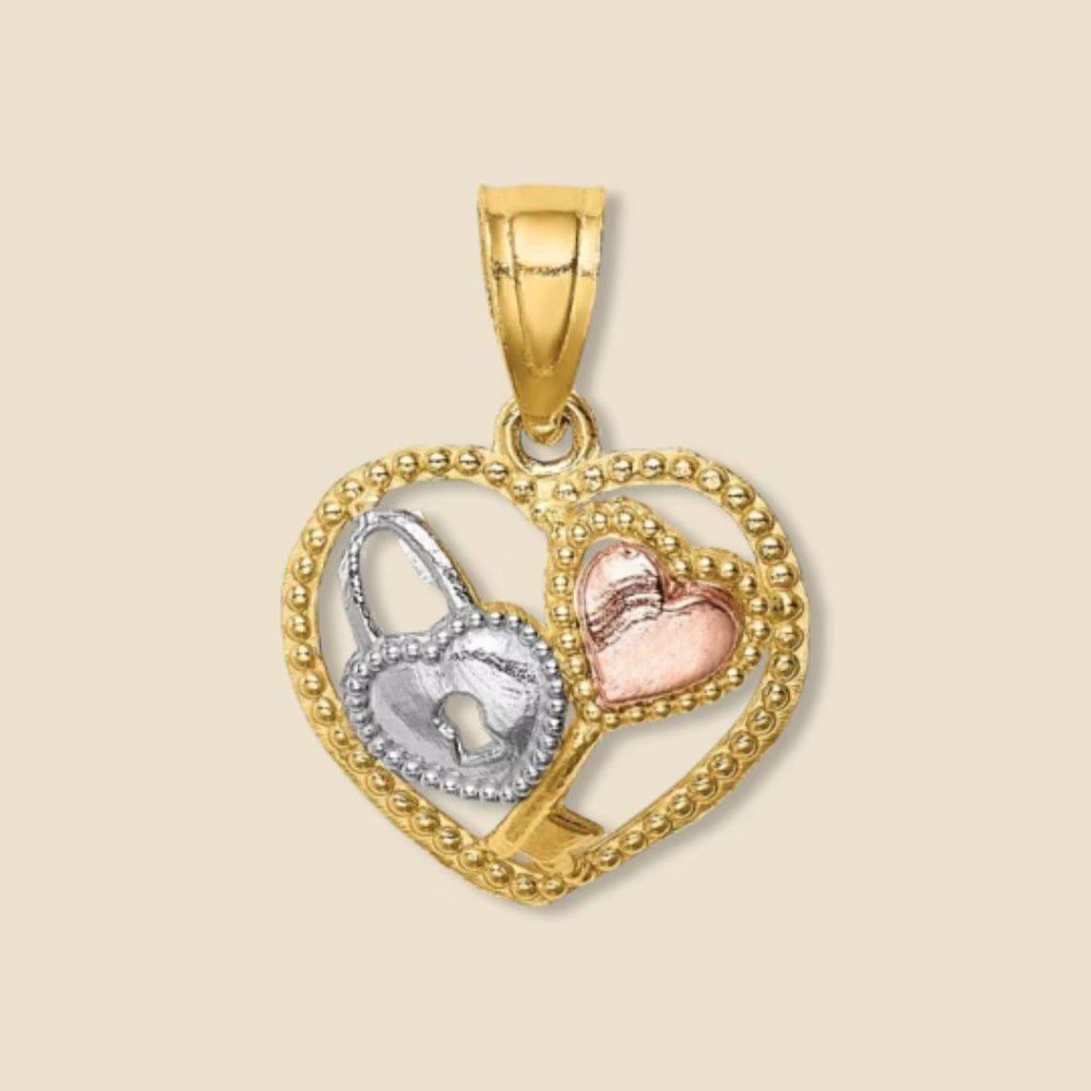 14k Solid Gold Heart Pendant | Key & Lock Charm | Birthday Gift | Love Jewelry |